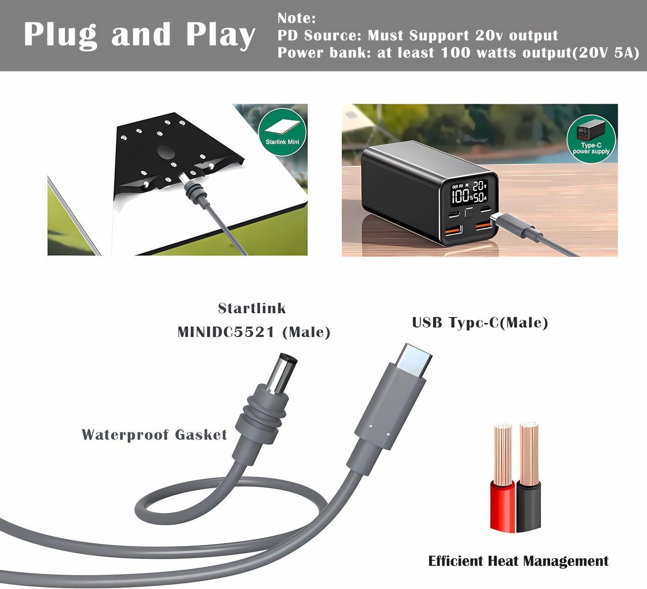 QRFAQ Starlink Mini USB-C to DC Power Cable, Max 100W USB Type-C Input, Waterproof,Portable,Durable, Starlink Mini USB Cable Compatible with 65W+ PD Source (5M/16FT) 2 | +254100720022 QRFAQ Starlink Mini USB-C to DC Power Cable, Max 100W USB Type-C Input, Waterproof,Portable,Durable, Starlink Mini USB Cable Compatible with 65W+ PD Source (5M/16FT) - Image 2