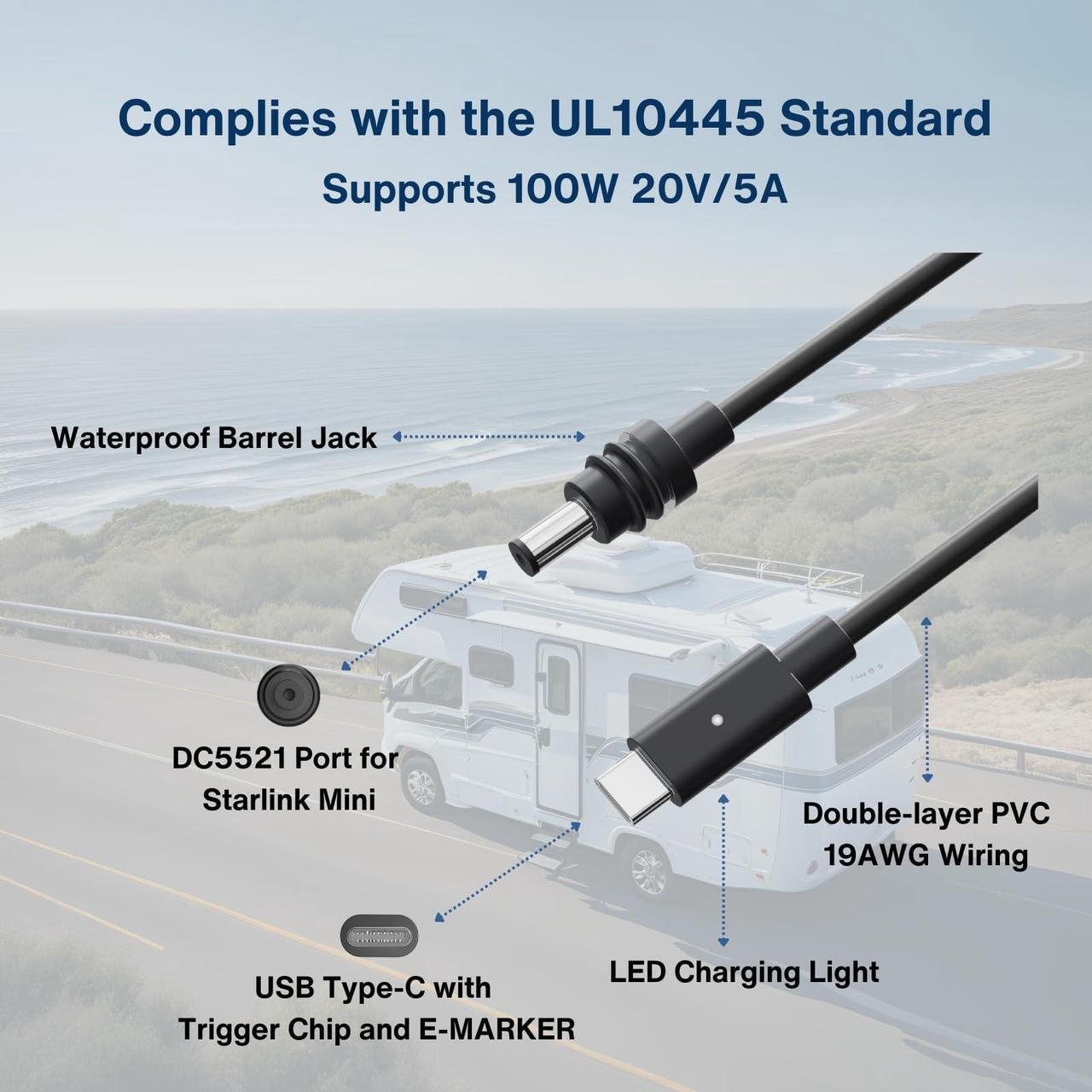 Steinwhale DC to USB-C Power Cable Cord with LED 19AWG for Starlink Mini 3M/10FT, Waterproof Barrel Jack, Support 100W 20V/5A PD Input, Compatible with USB-C Power Bank Charger Power Supply - DRC 3 | +254100720022 Steinwhale DC to USB-C Power Cable Cord with LED 19AWG for Starlink Mini 3M/10FT, Waterproof Barrel Jack, Support 100W 20V/5A PD Input, Compatible with USB-C Power Bank Charger Power Supply - DRC - Image 3